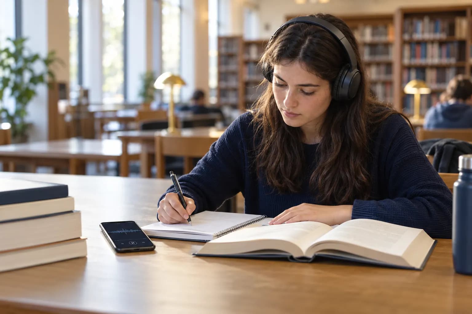 College student listening to course audio while taking notes beside an open textbook