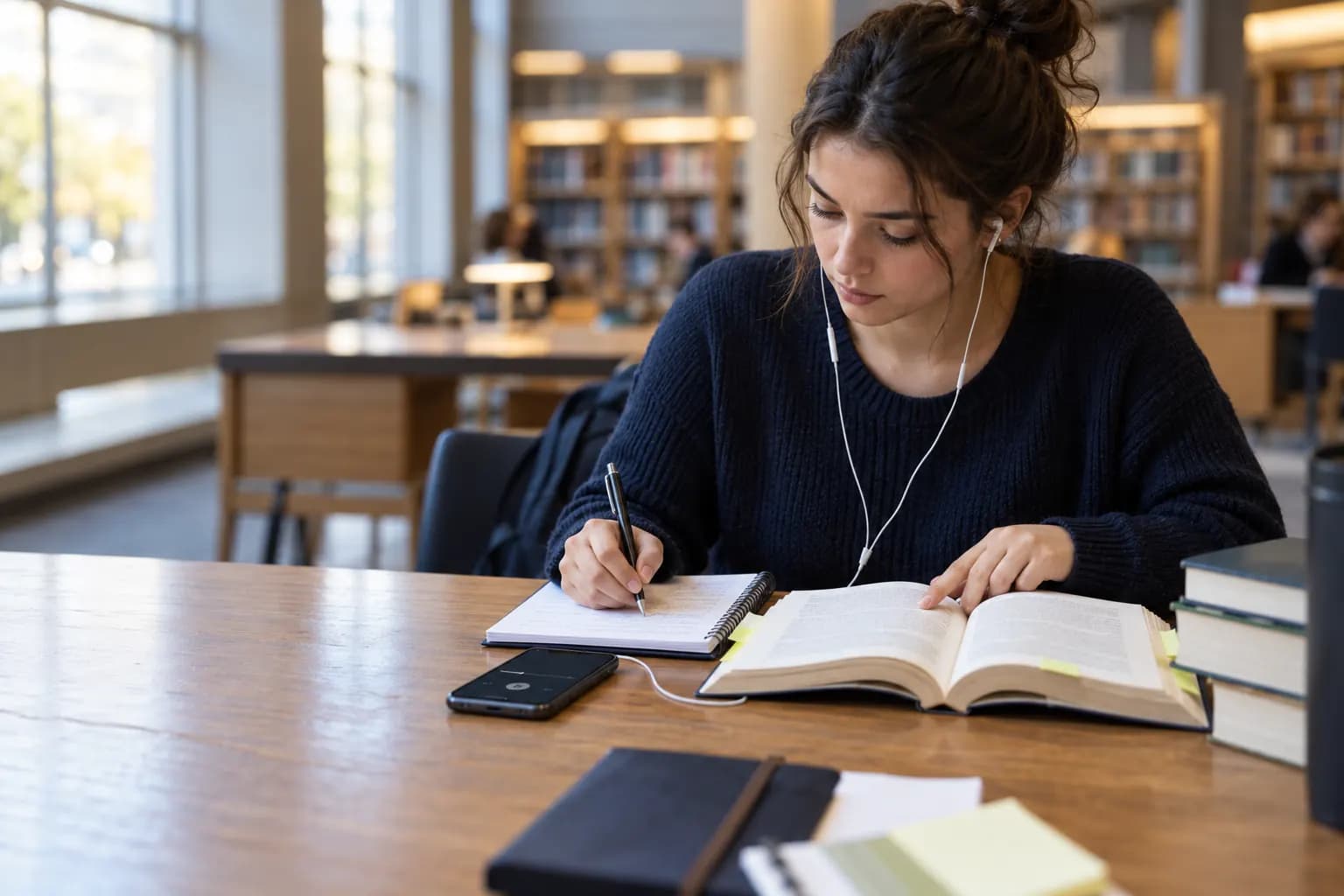 College student cross-checking an audiobook with an open assigned book and written notes
