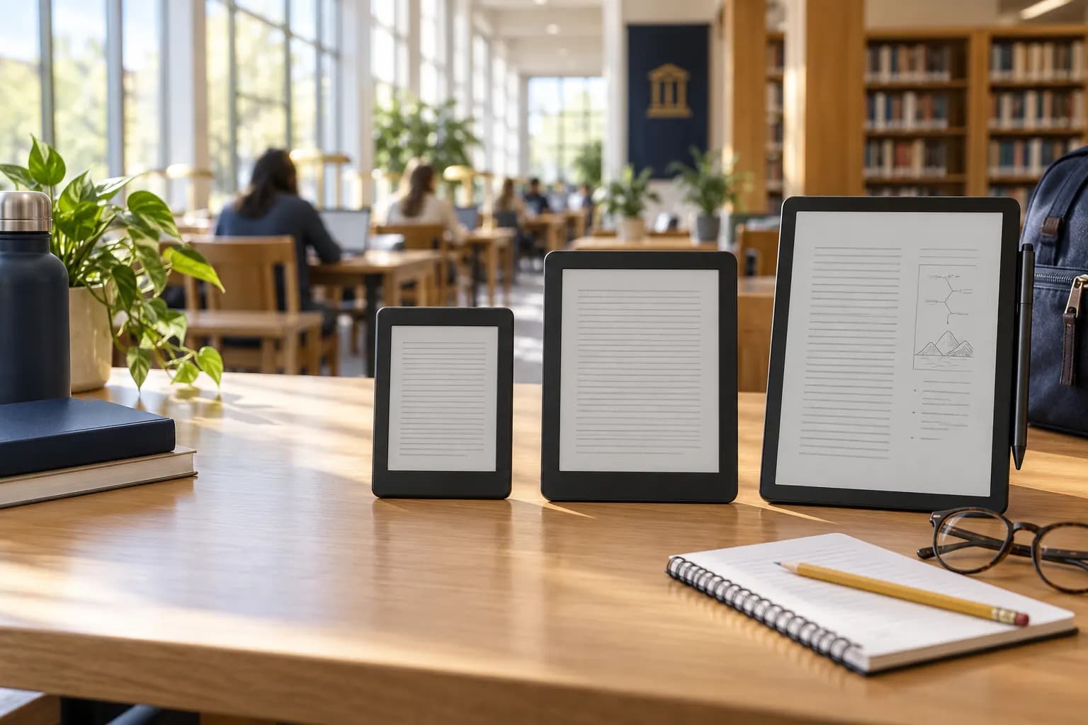 Compact, standard, and note-taking e-readers arranged on a campus library study desk