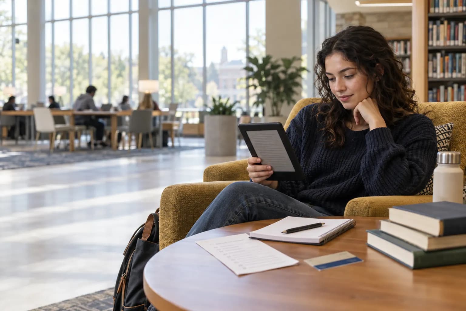College student evaluating digital reading options in a university learning commons
