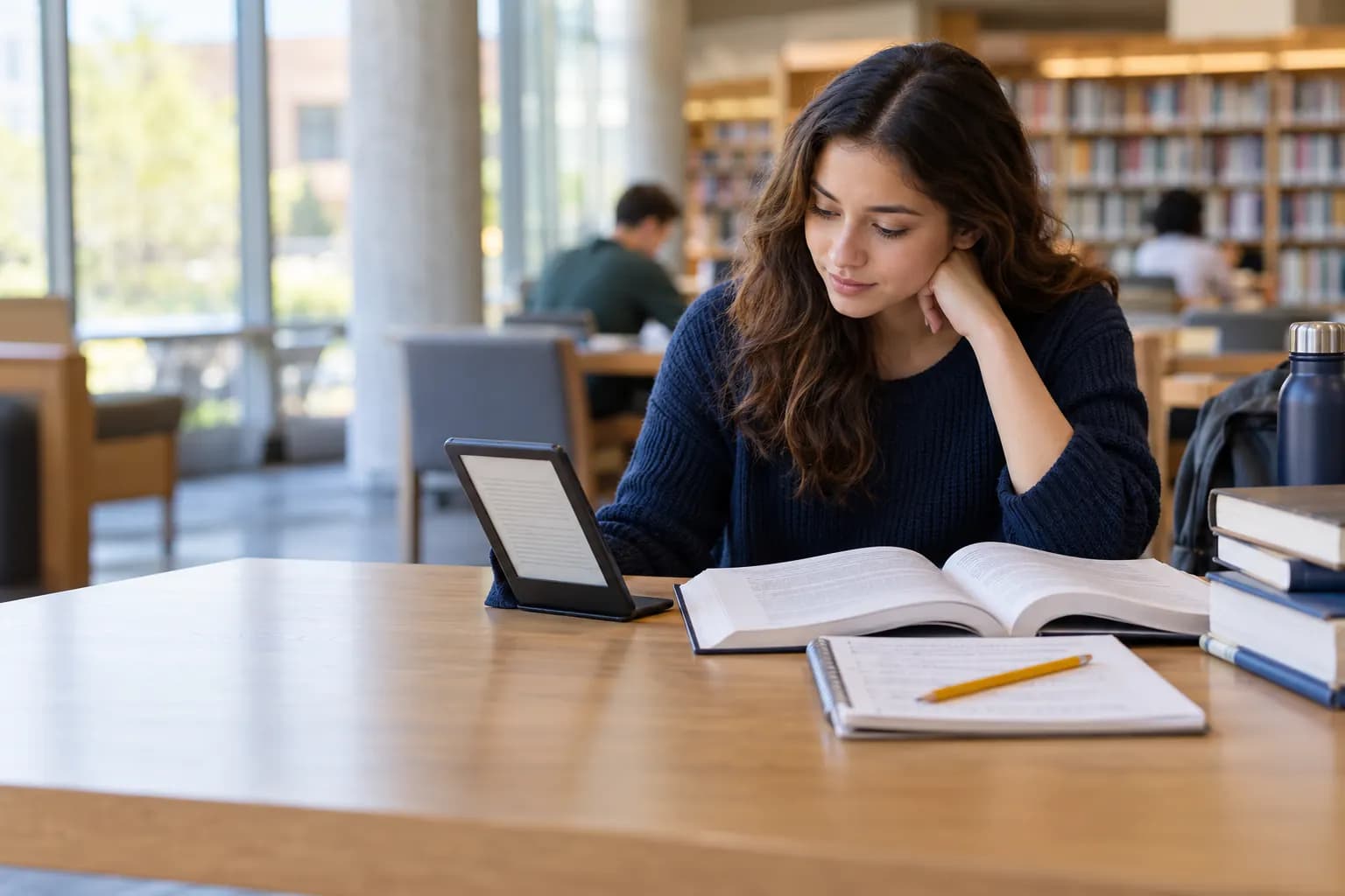 College student comparing an e-reader with a printed textbook in a campus library