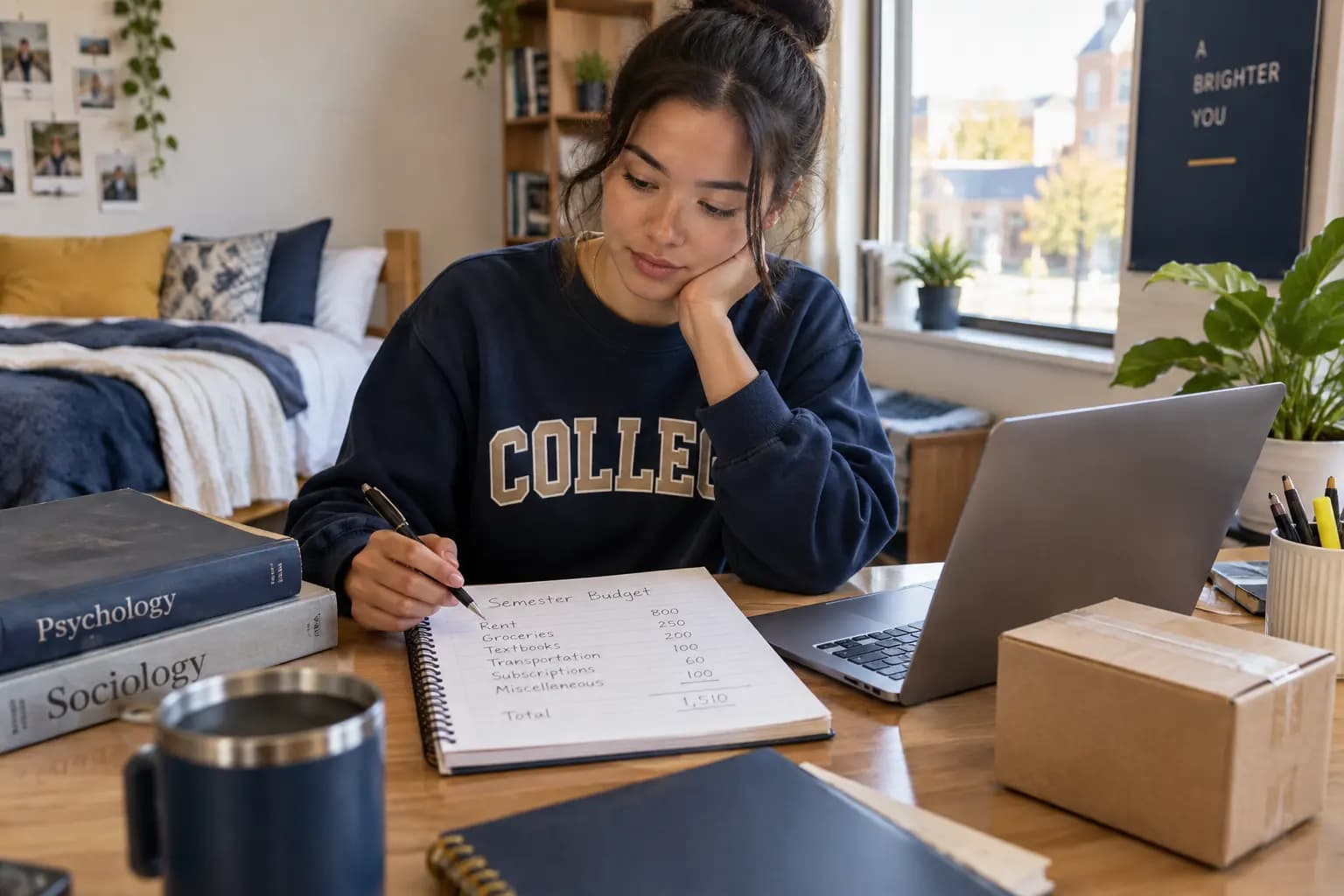College student comparing semester expenses beside textbooks, a laptop, and a delivery box